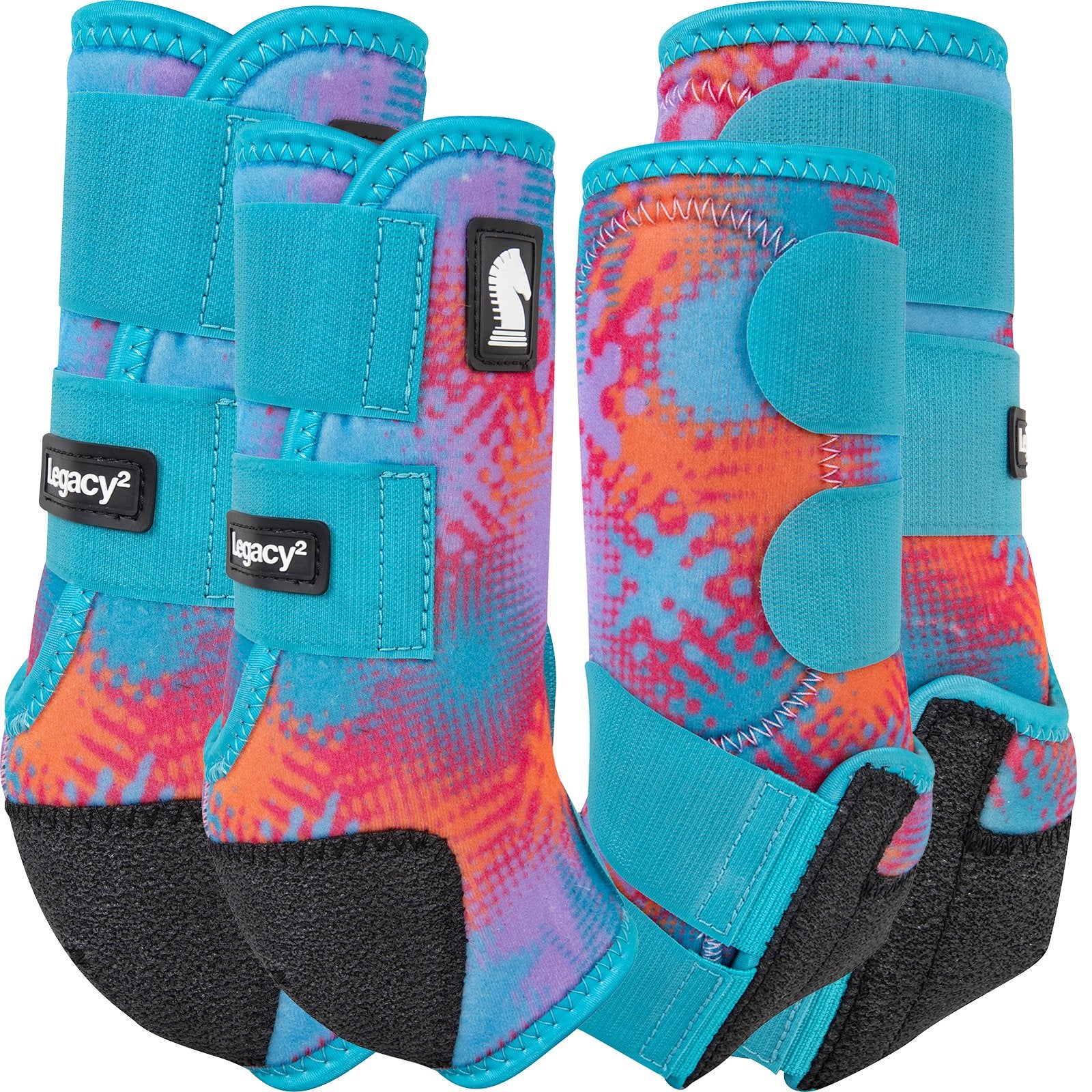 Colorful equestrian leg wraps with tie-dye pattern on a white background