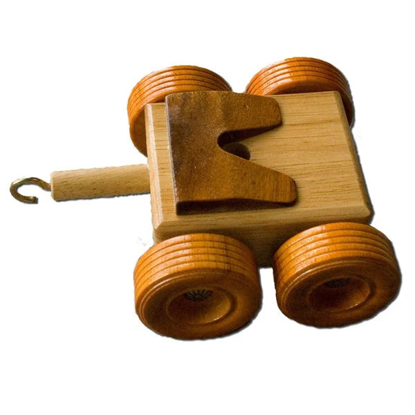 Wooden toy car with a hook on a white background
