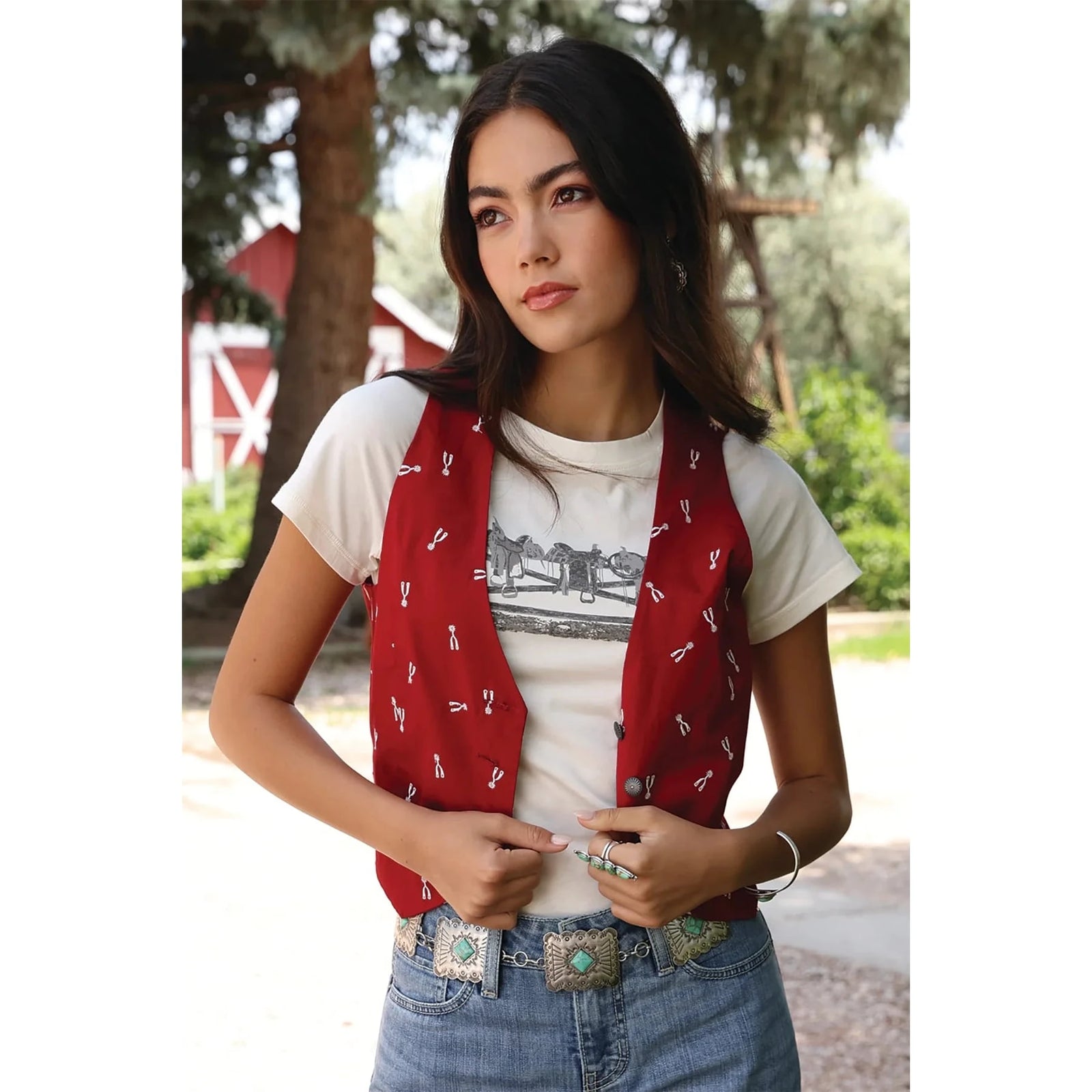 Cruel Denim Women's Red Spur Pattern Cropped Vest Cruel Denim