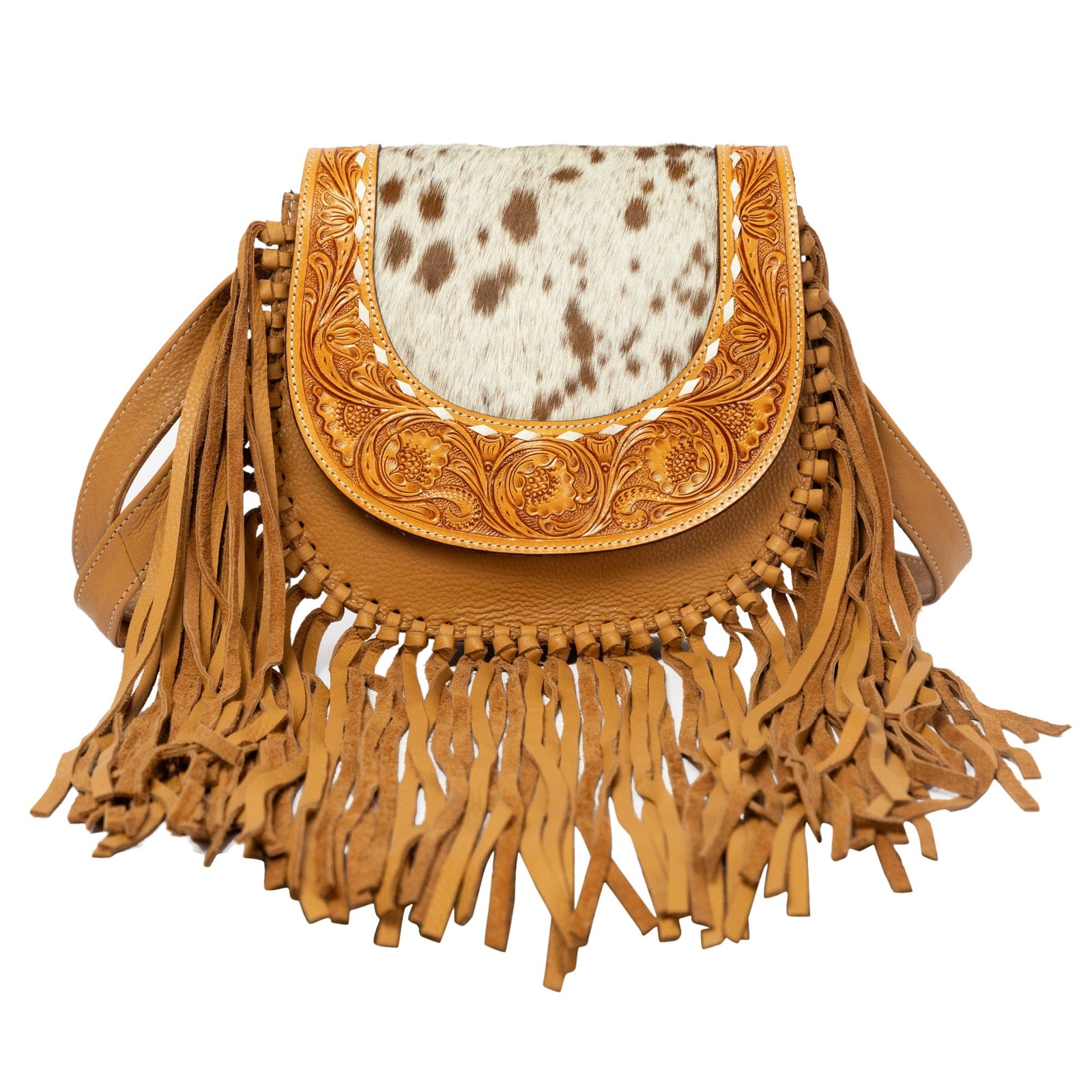 Cumana Tan Tooled Cowhide Flap Bag with Fringes The Design Edge