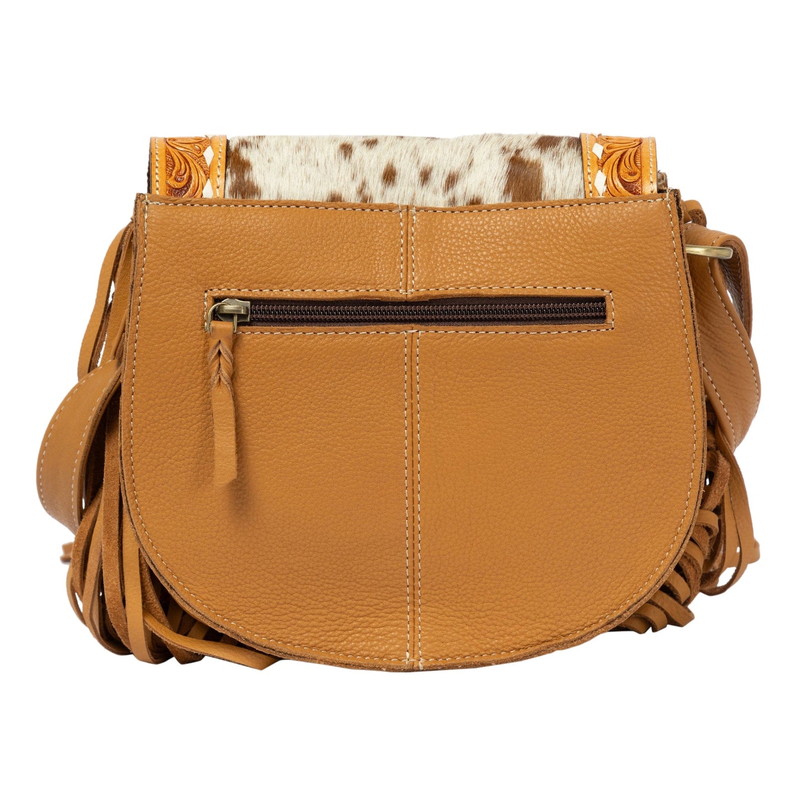 Cumana Tan Tooled Cowhide Flap Bag with Fringes The Design Edge