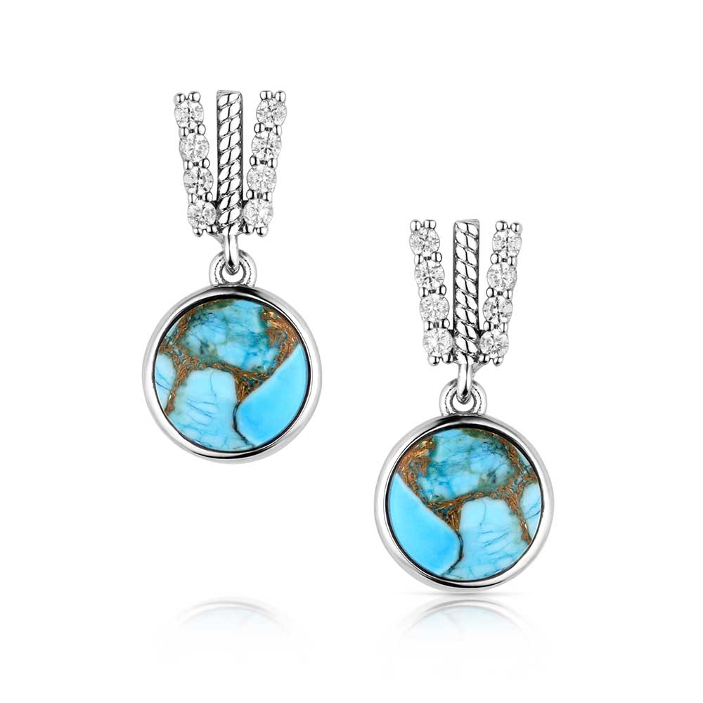 Turquoise stone earrings with silver chains on a white background