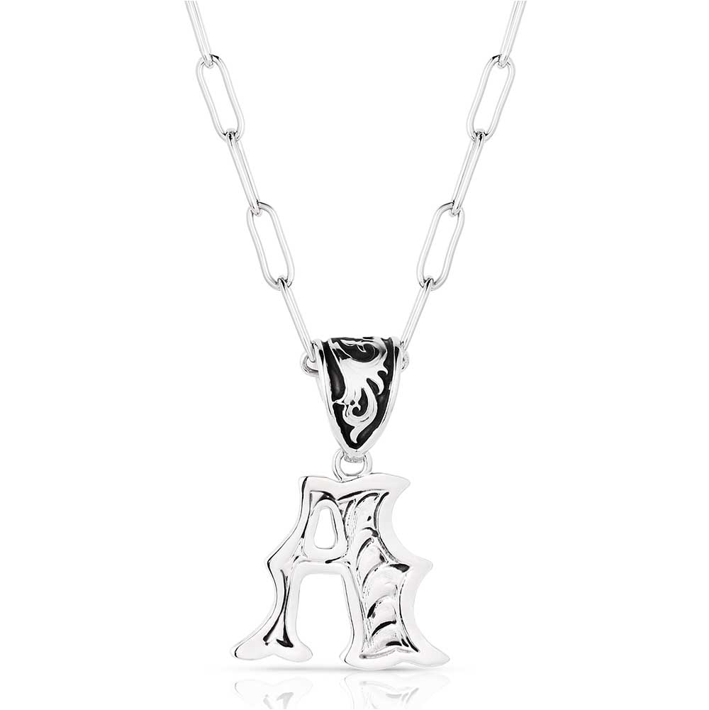 Montana Silversmiths Western Initials Necklace. Silver necklace with a letter 'R' pendant on a white background