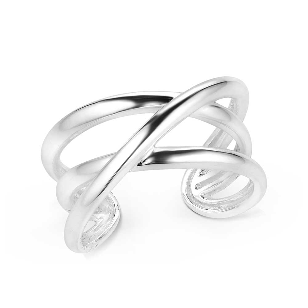 Silver ring with a twisted design on a white background