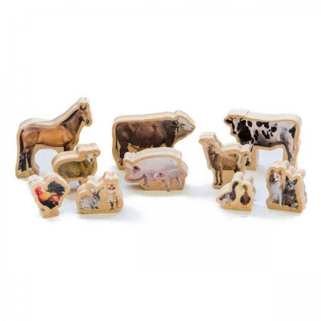 The Freckled Frog My Farm Animals. Set of wooden animal figures on a white background