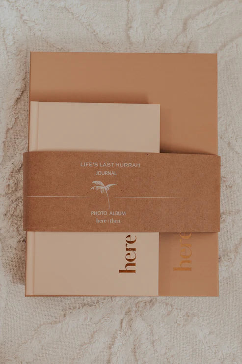 Here And Then Box - Burnt. Brown photo album and journal on a textured surface