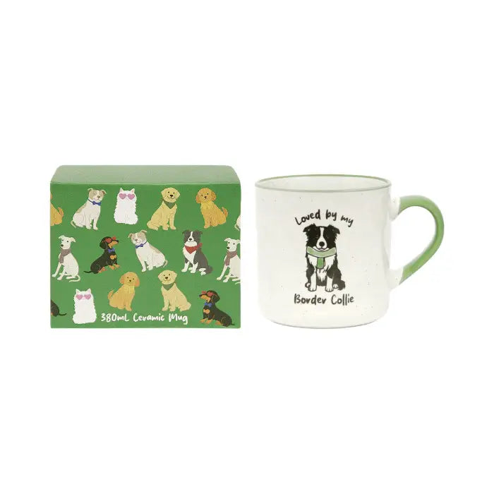 A white ceramic mug with a green handle and printed black text reading 'Loved by my Border Collie' with a dog illustration, shown next to its green patterned gift box featuring dog illustrations.