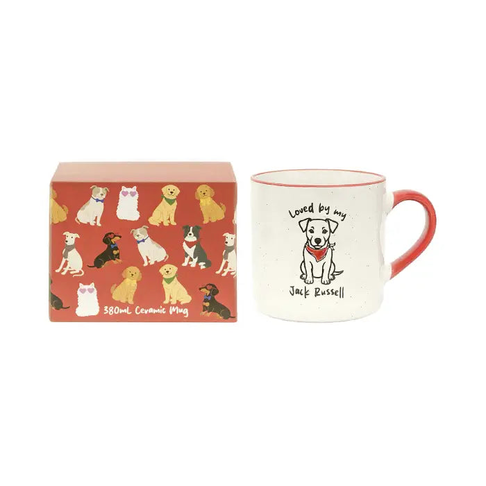 A ceramic mug with a red handle and rim, printed with a dog illustration and the text 'Loved by my Jack Russell', shown next to its red patterned box on a white background.