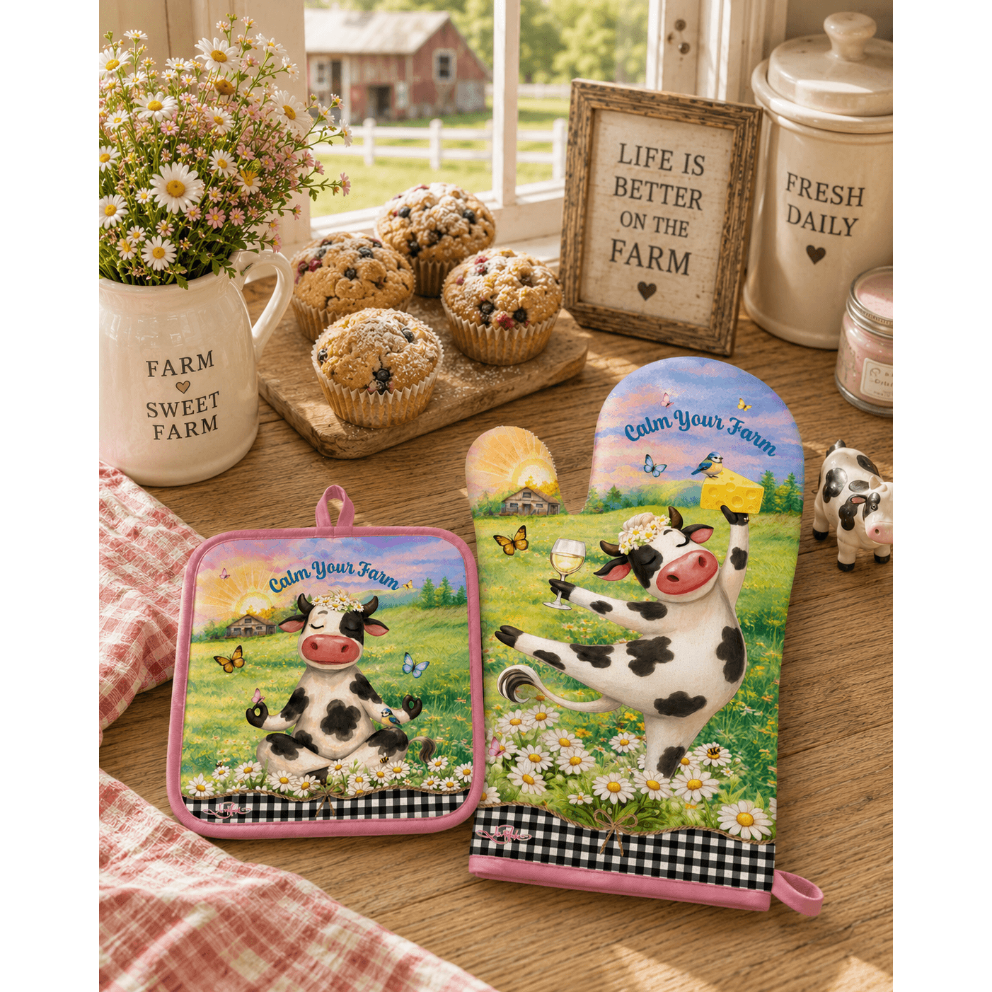 Lisa Pollock Oven Mitt & Pot Holder Set - Calm Your Farm Lisa Pollock