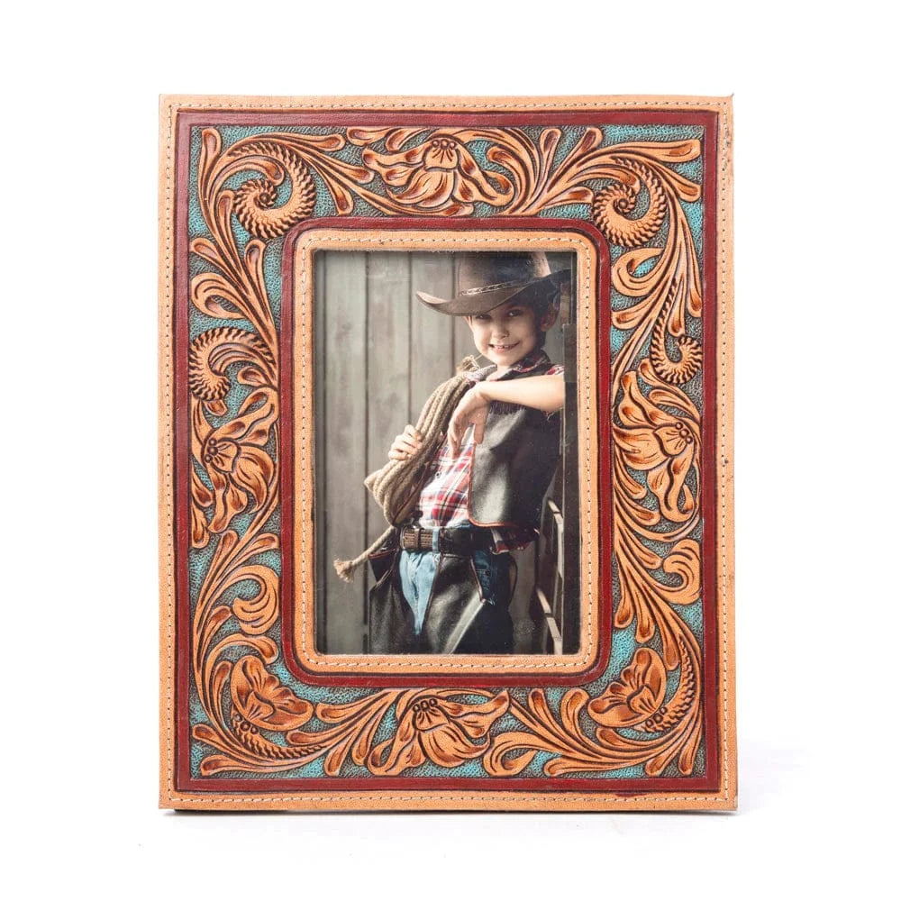 Magnolia Rise Handtooled Leather Photo Frame in Deep Mahogany Myra Bags