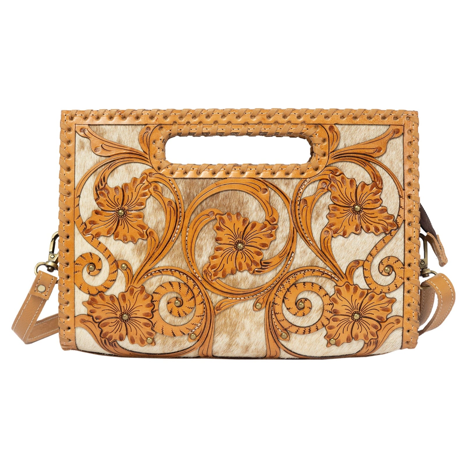 Messina Tan Cowhide Medium Bag with Tooled Cutwork The Design Edge