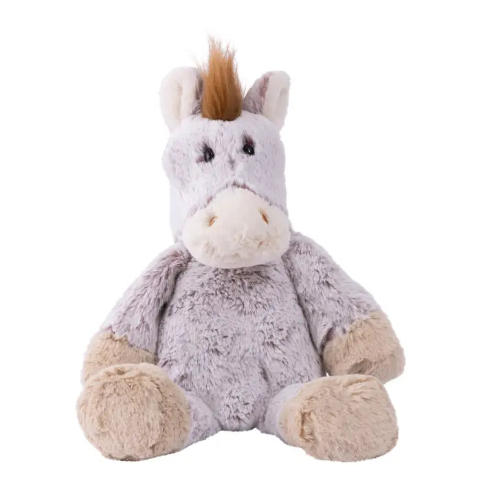 Plush donkey toy with brown mane on a white background