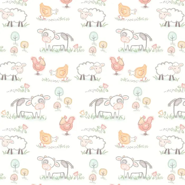 A repeating pastel pattern featuring cartoon sheep, cows, chickens, trees, and flowers on an off-white background.