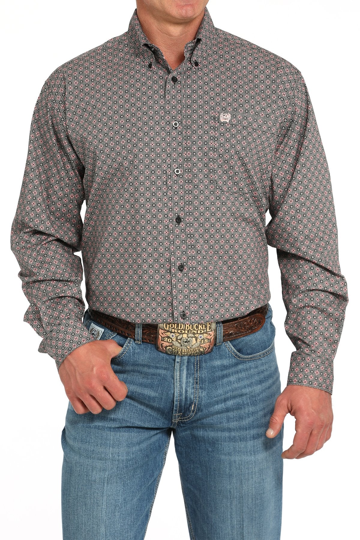 Cinch Men'sMedallion Print L/S Western Shirt. Man wearing a patterned button-up shirt and jeans on a white background