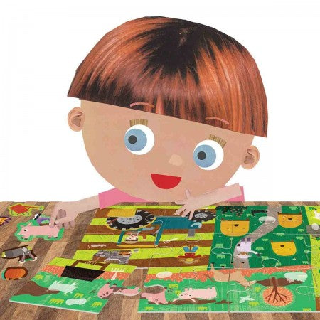 Puzzle + Stickers The Farm. Illustration of a child playing with a puzzle on a wooden surface