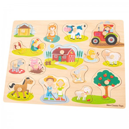 FSC Large Peg Puzzle Farm. Wooden farm-themed puzzle with various farm animals and scenes on a white background.
