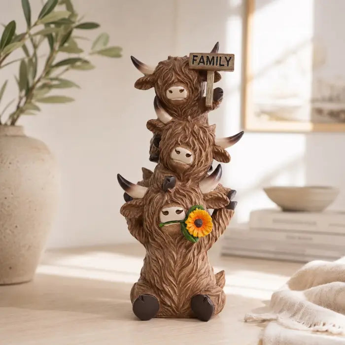 A stacked family of four shaggy Highland cows figurine in a warm, sunlit room setting. The top cow holds a small wooden sign that reads 'FAMILY', and the bottom cow holds a yellow sunflower.