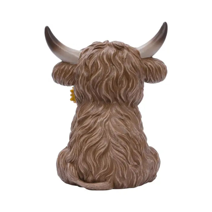 A brown shaggy Highland cow figurine shown from the back, featuring curved horns and textured fur, isolated on a white background.