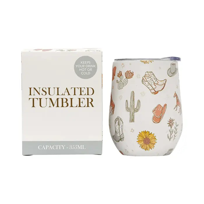 An insulated stainless steel tumbler with a western-themed print next to its white packaging box. The tumbler features illustrations of cowboy boots, a cactus, a cowboy hat, a sunflower, and a horse.