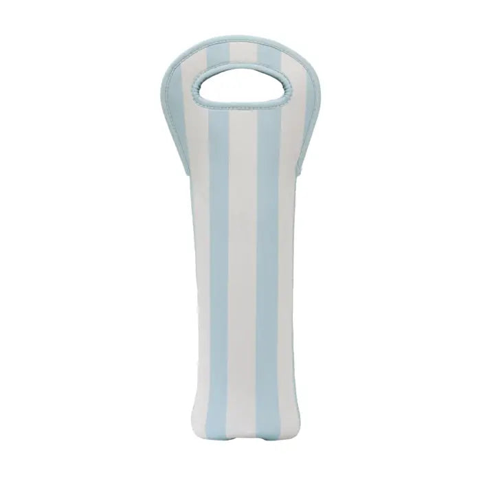 A neoprene wine bottle sleeve with vertical light blue and white stripes, featuring a top carry loop, shown on a plain white background.