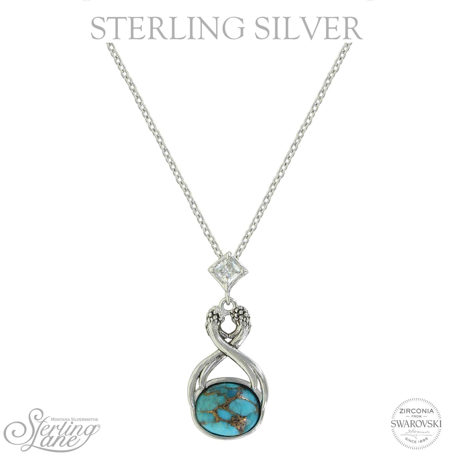Montana Silversmiths Sterling Lane High Spirits Necklace. A sterling silver necklace with a diamond-shaped Swarovski Zirconia and a round turquoise cabochon, featuring crossed antlers design.