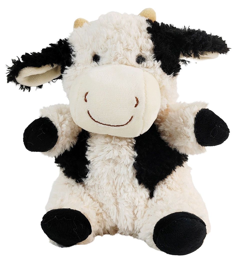 Plush cow toy with black and white pattern on a white background