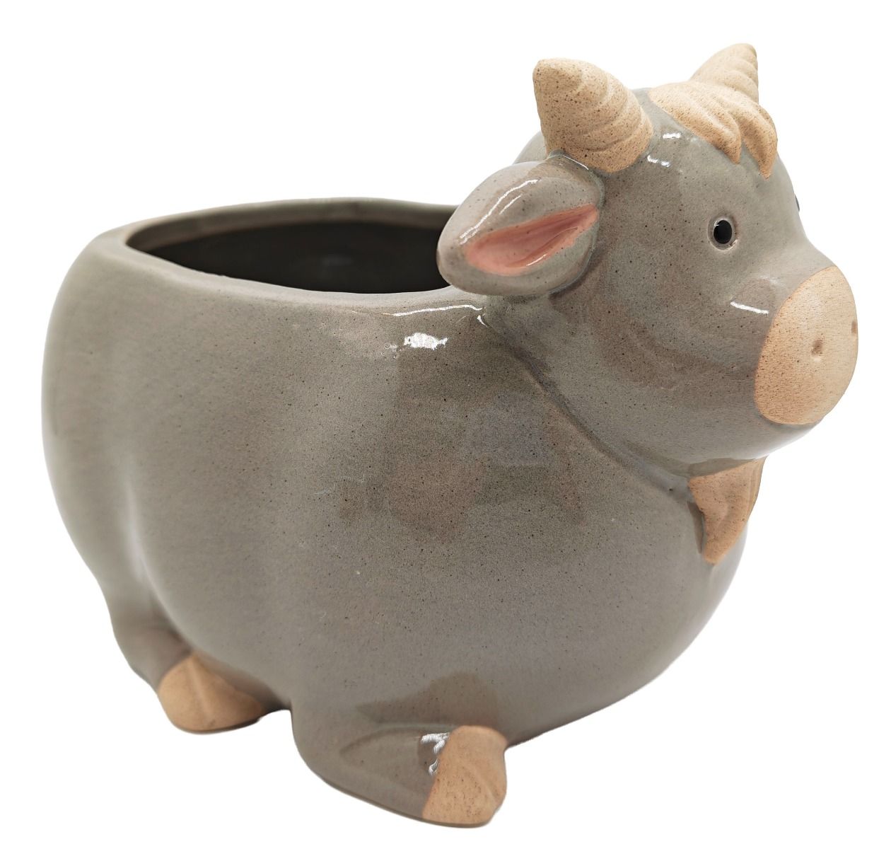 A ceramic cow planter in a matte gray glaze with natural tan clay details for the horns, ears, snout, and hooves, shown on a plain white background.