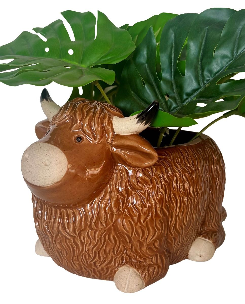 A brown ceramic planter shaped like a shaggy Highland cow, filled with large green monstera leaves, shown against a plain white background.