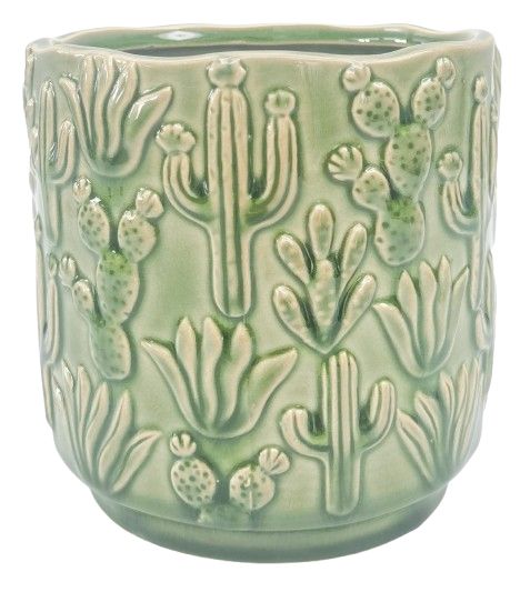 Urban Products 15cm Cactus Planter. Green ceramic pot with cactus patterns on a white background