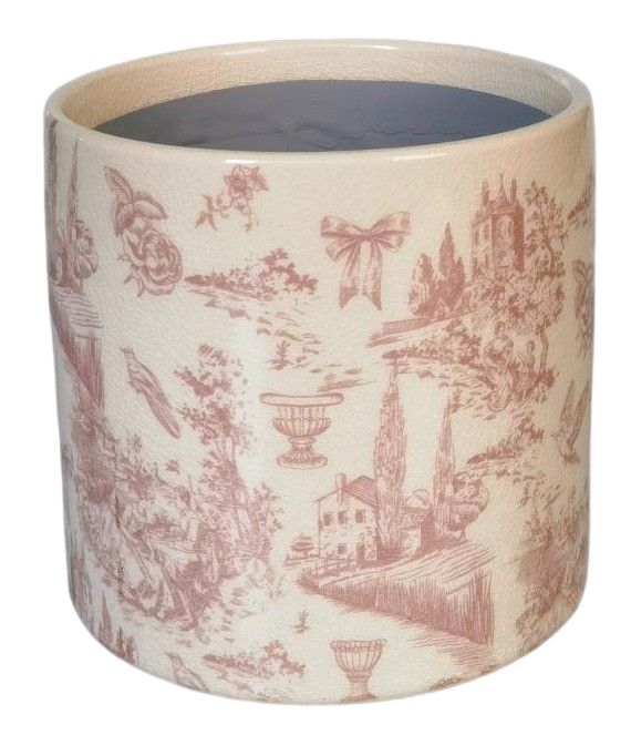 Decorative pot with toile de Jouy pattern on a white background