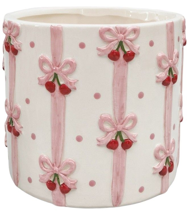 Urban Products 13cm Cherry Bow Planter. Ceramic planter with pink bows and red cherries on a white background