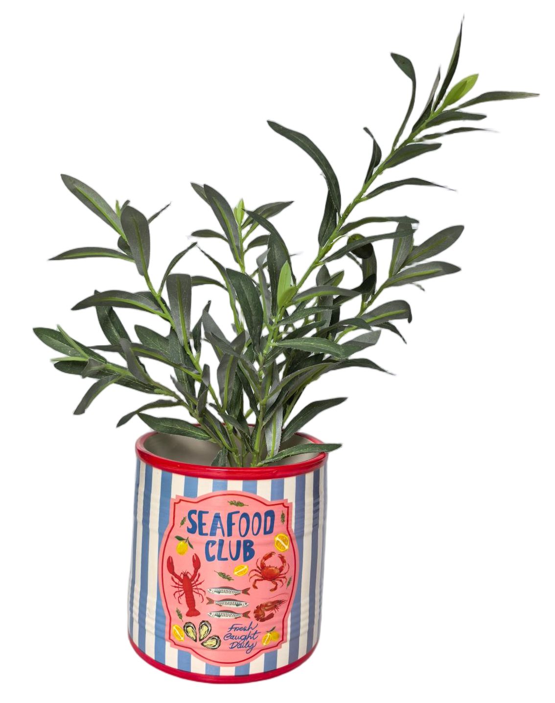 An artificial green plant with slender leaves, potted in a cylindrical tin can styled like a vintage 'Seafood Club' label, on a plain white background.