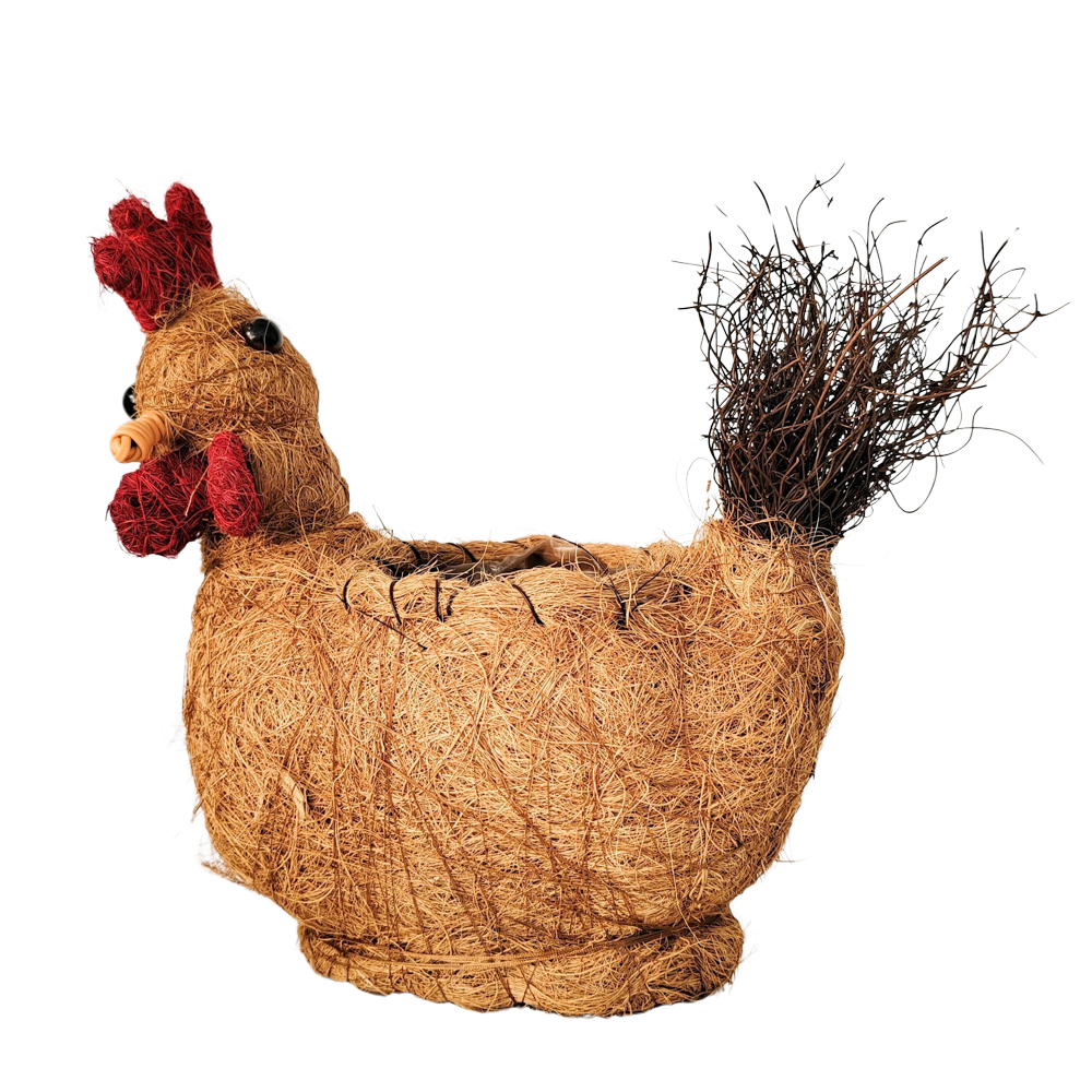 Urban Products 26cm Husk Rooster Planter . Decorative chicken made of straw with a red comb on a white background