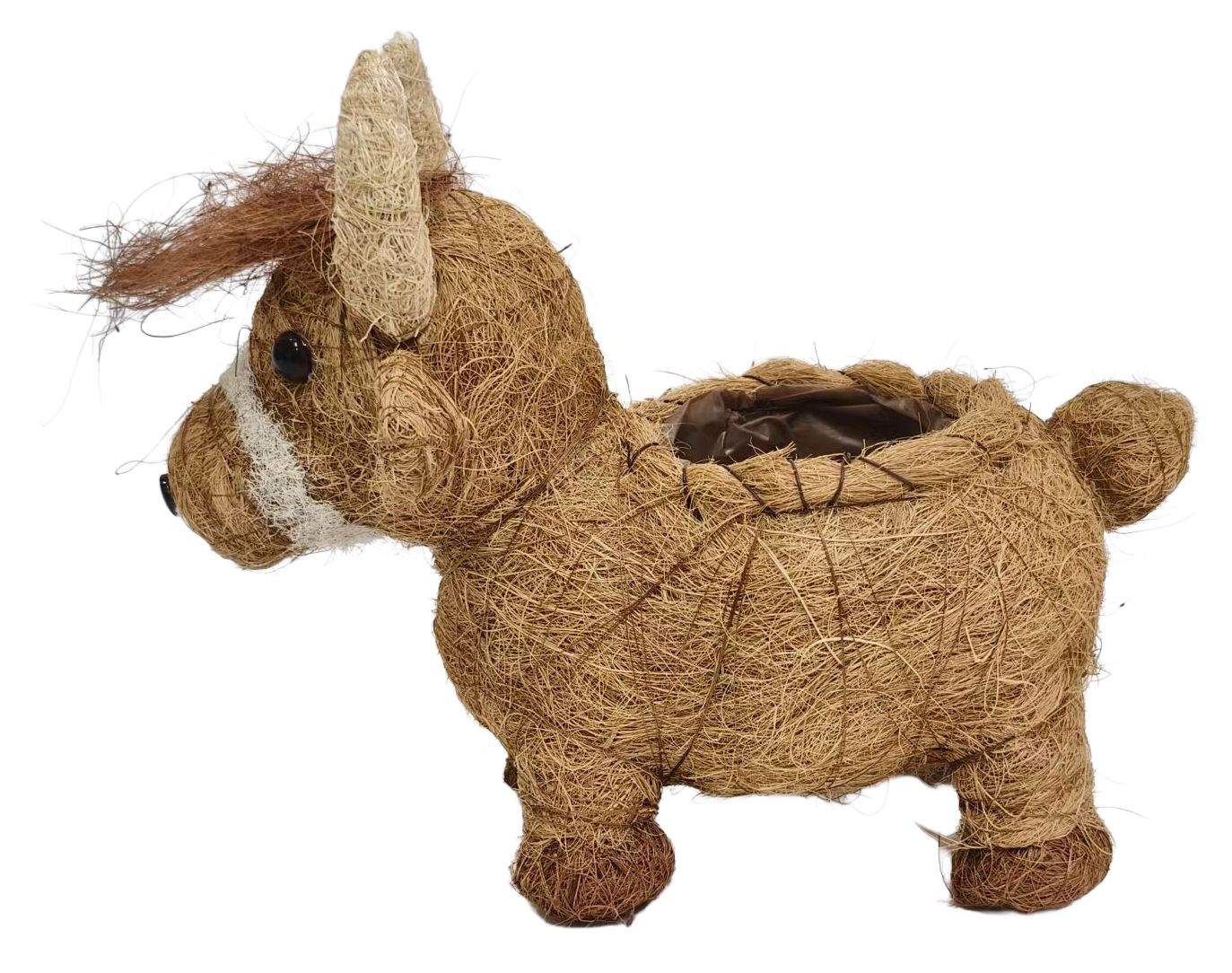 A rustic decorative animal-shaped planter made from natural coir rope, shaped like a cow with a hollow body opening for a pot, shown on a plain white background.