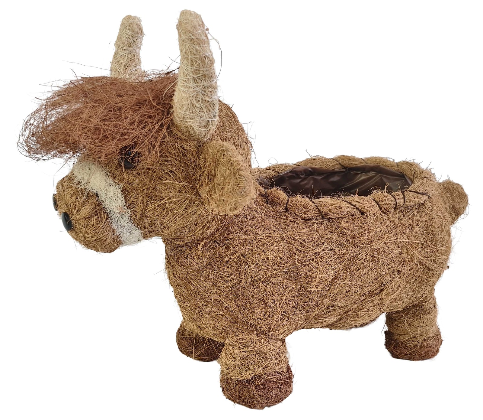 A rustic decorative animal-shaped planter shaped like a shaggy brown cow or goat, made from natural coir fiber, with a dark brown liner visible inside, on a plain white background.