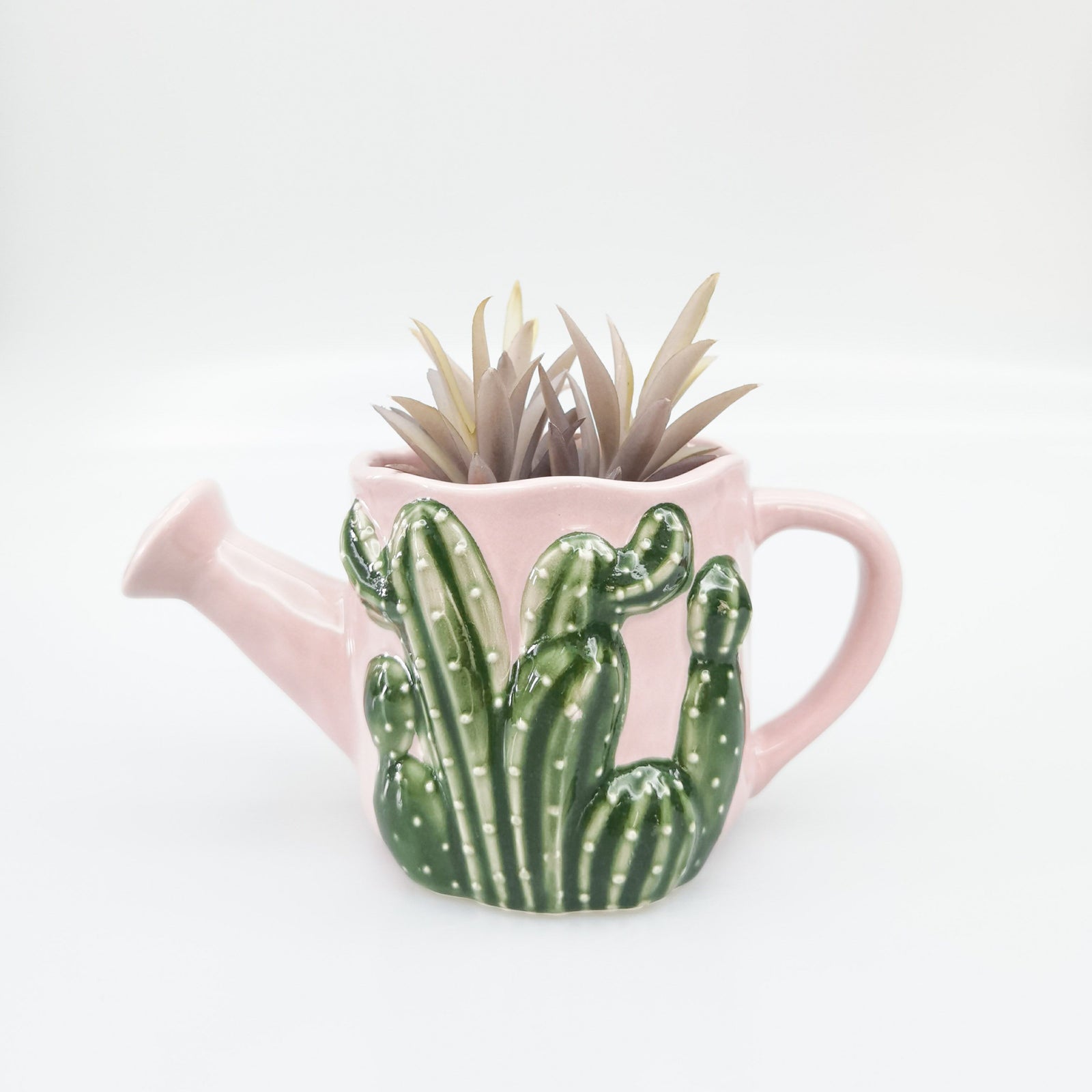Urban Products Cactus Watering Can Planter. Pink teapot with cactus design and succulent plant on a white background