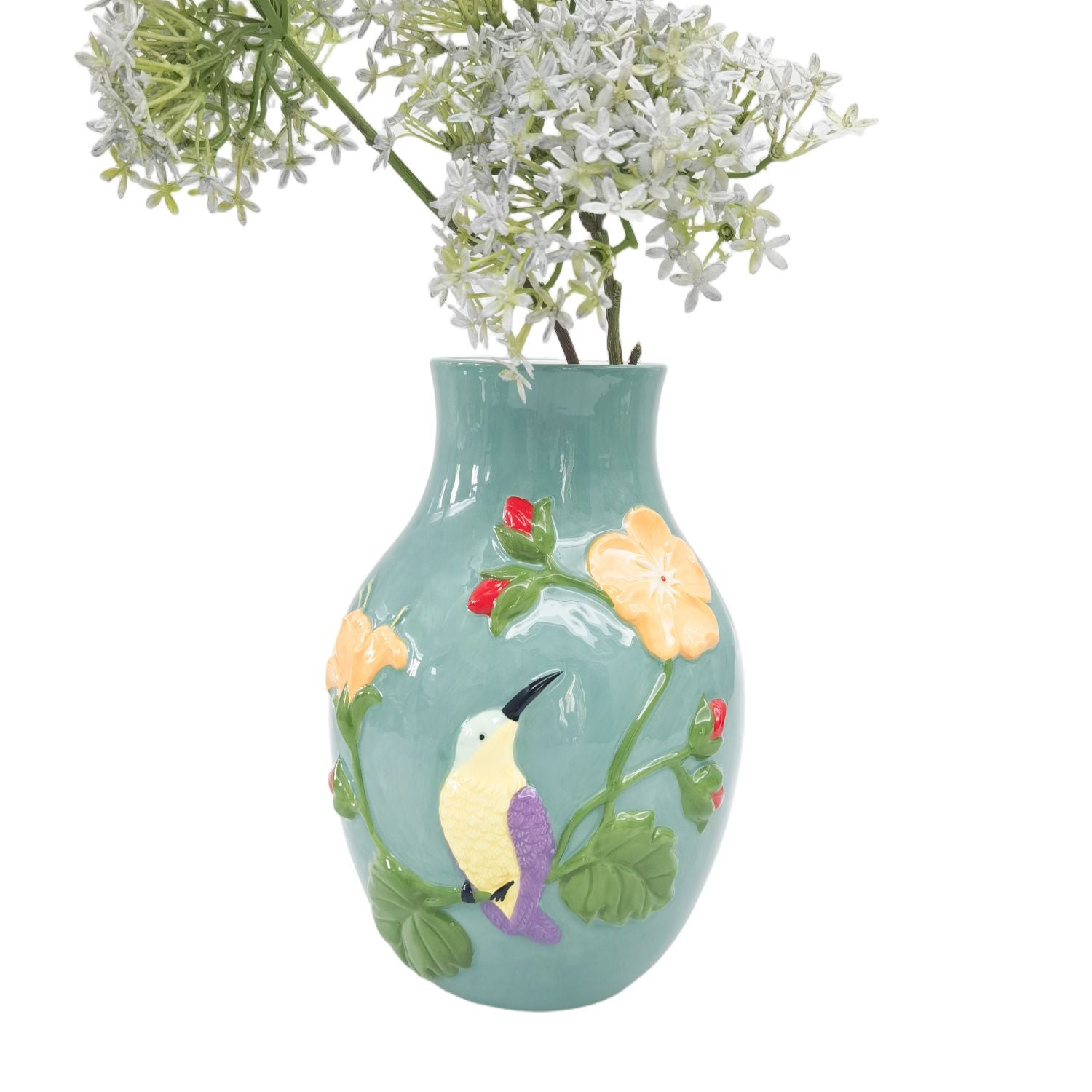 Urban Products 22cm Tropical Hummingbird Vase. Decorative vase with a bird and floral design on a white background