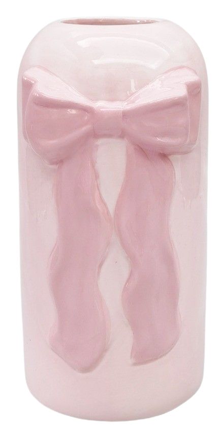 Urban Products 22cm Tall Bow Vase Pink. Pink vase with a large bow on a white background