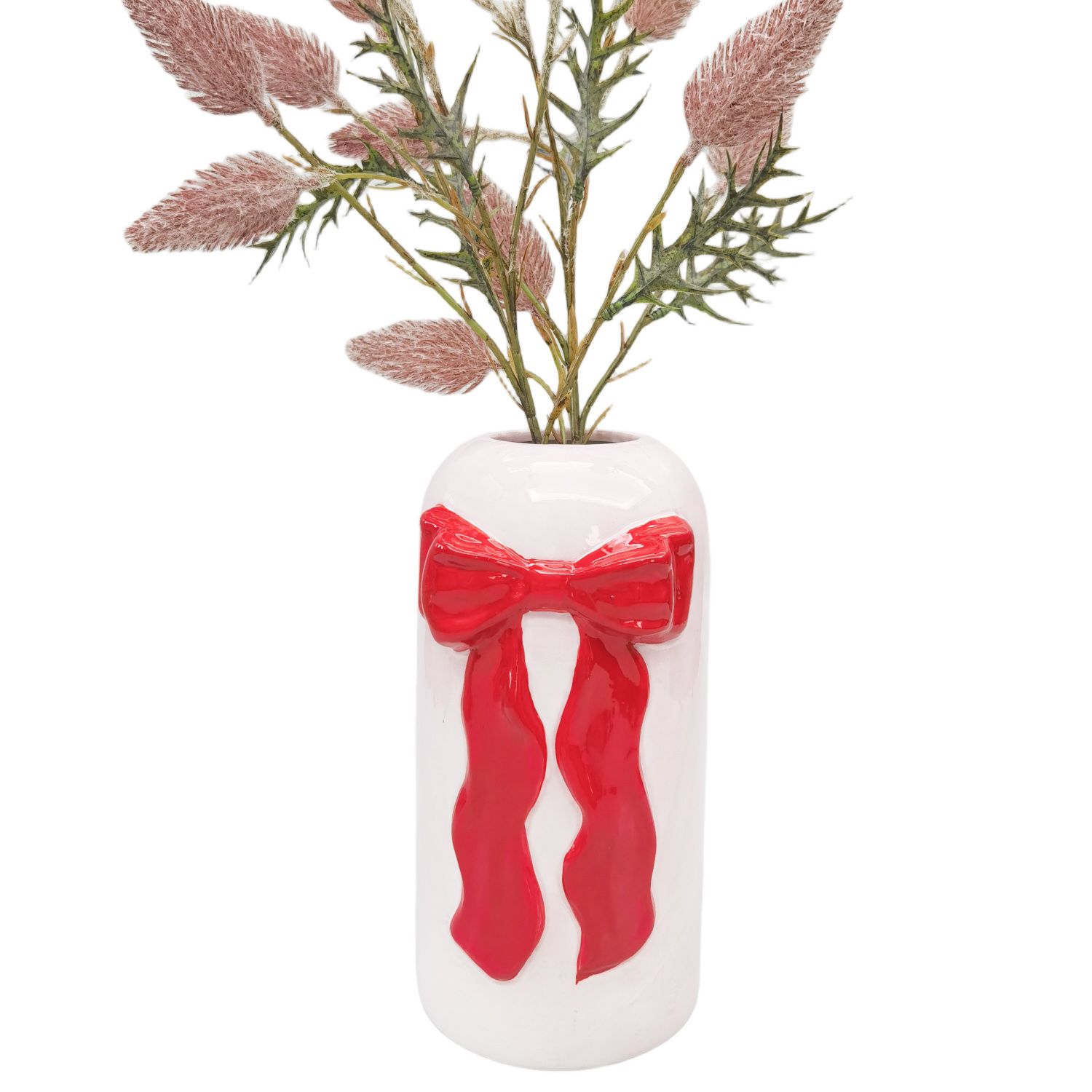 Urban Products 22cm Tall Bow Vase. White vase with a red bow design and dried plants on a white background
