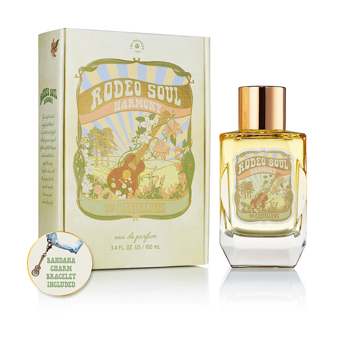 Rodeo Soul Harmony by The Castaways Eau de Parfum bottle with a gold cap next to its illustrated cream-colored box, plus a small circular badge noting a bandana charm bagellet is included.