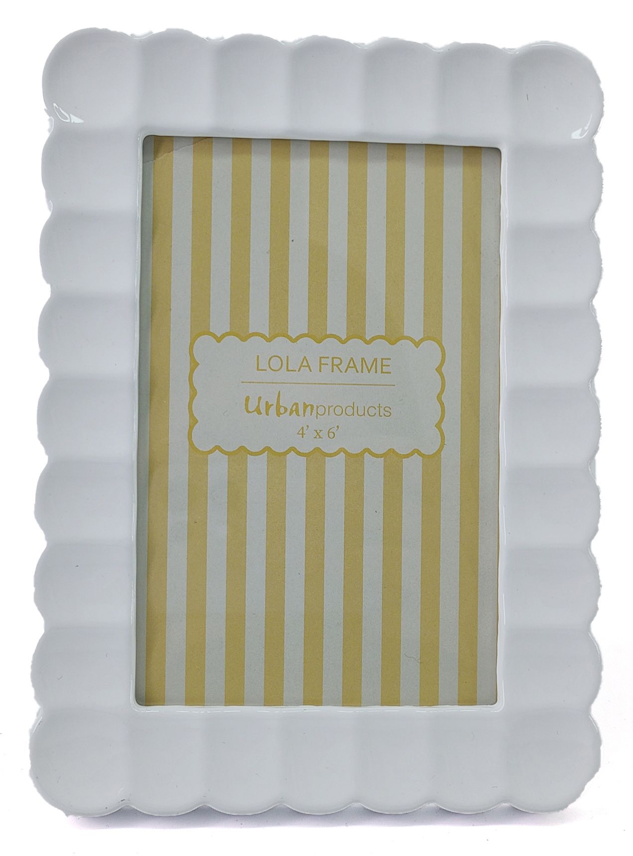A white ceramic picture frame with a scalloped border, shown with a yellow and white striped insert card labeled 'LOLA FRAME Urbanproducts 4 x 6"'.