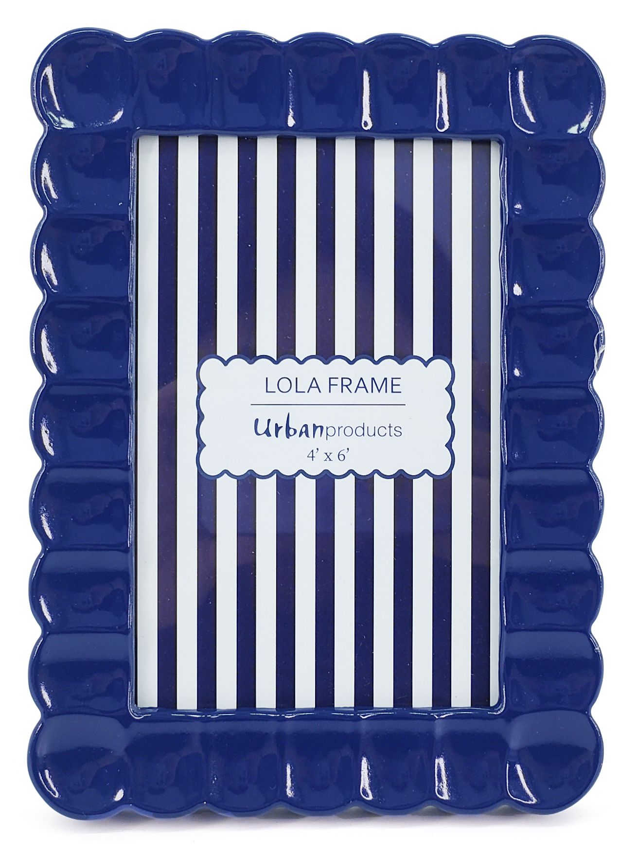 A 4x6 picture frame with a glossy, deep blue scalloped border and a navy and white striped insert, featuring a white label that reads 'LOLA FRAME Urban products 4 x 6'.