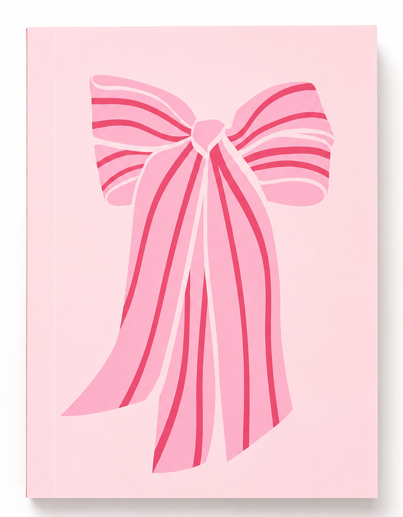 A pink notebook or journal featuring a stylized pink ribbon bow illustration on the cover, shown against a clean white background with a soft drop shadow.