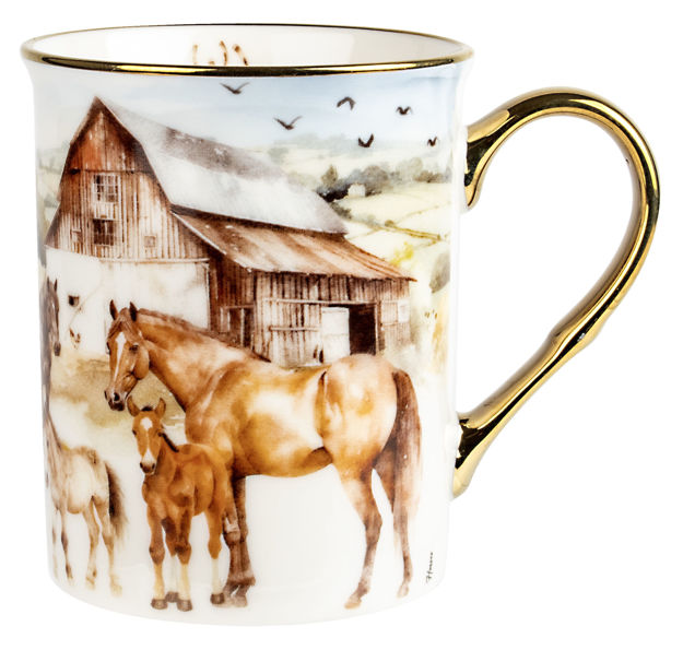 Mug with horse and barn design on a white background