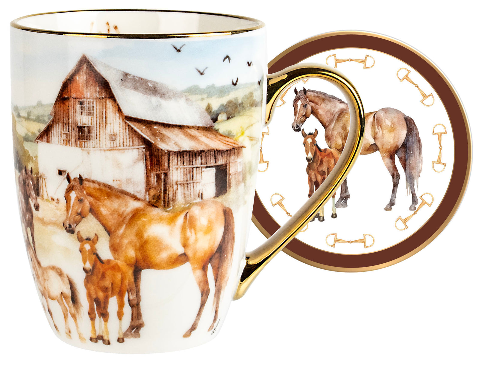 Mug with horse design featuring a barn and horses on a white background