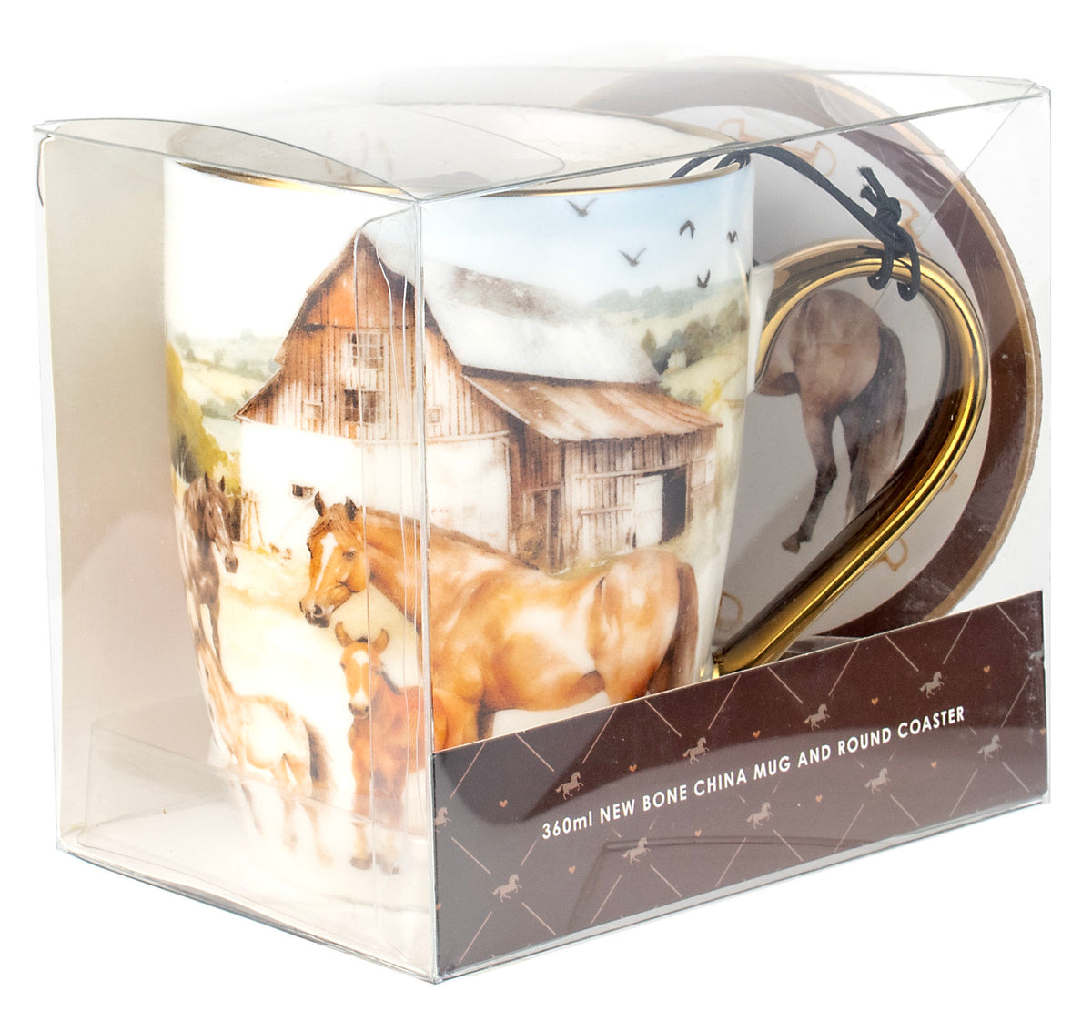 Packaged mug and coaster set with horse design in clear box