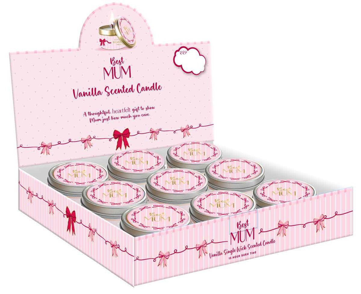 Display box of vanilla scented candles for 'Best Mum' with pink and white design.