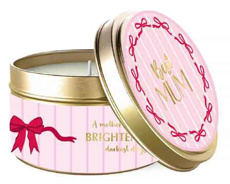 Pink candle tin with 'Best Mom' text and gold accents on a white background