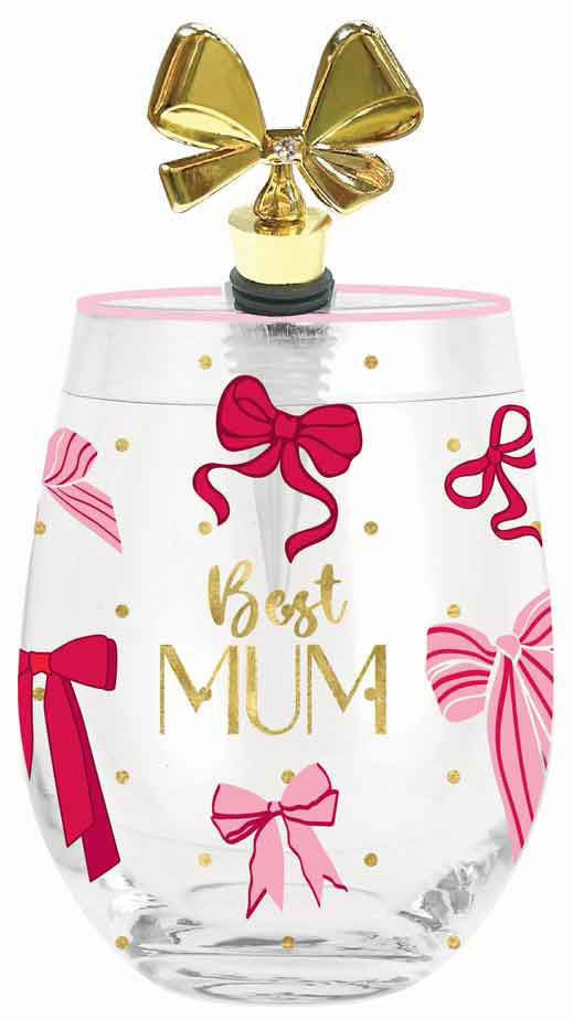 Stemless wine glass with pink bows and 'Best Mum' text, topped with a gold bow on a white background.