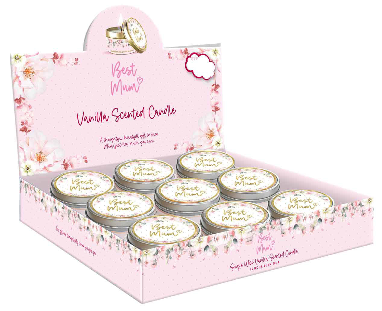 Display of vanilla scented candles in a decorative box with 'Best Mum' text.